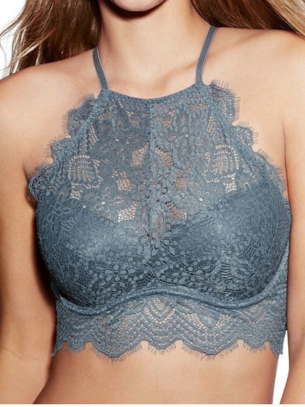 Victorias Secret PINK Size L Bralette Eyelash Lace High Neck Chrome Blue Push Up